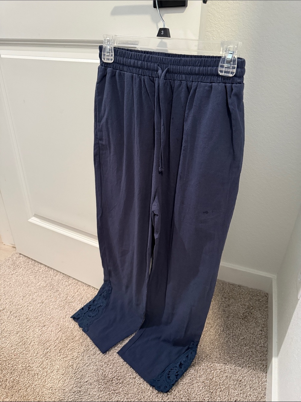 Amazon Navy Drawstring Capris with Crochet Hem